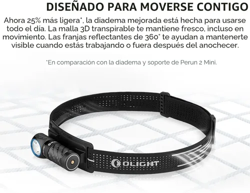 Vista 5 de OLIGHT Perun 3 mini linterna frontal LED de 1250 lúmenes, linterna frontal recargable con opción de luz roja, perfecta para trabajar, senderismo