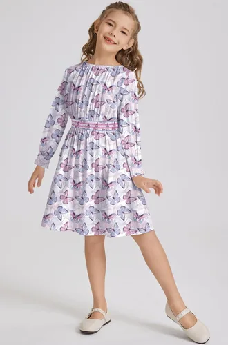 Vista 4 de Vestido floral con cintura fruncida para niñas, ropa de juego para la iglesia, vacaciones, vestido midi suave con bolsillos