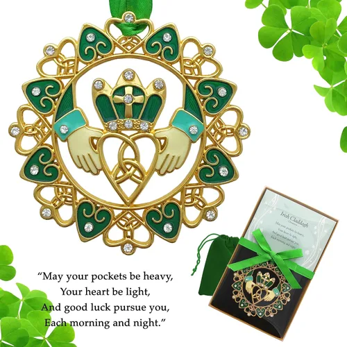 Vista 7 de Adornos de Navidad irlandeses – Diseño Claddagh dorado con joyas y esmalte – Caja de regalo con poema irlandés – Bolsa de almacenamiento de regalo