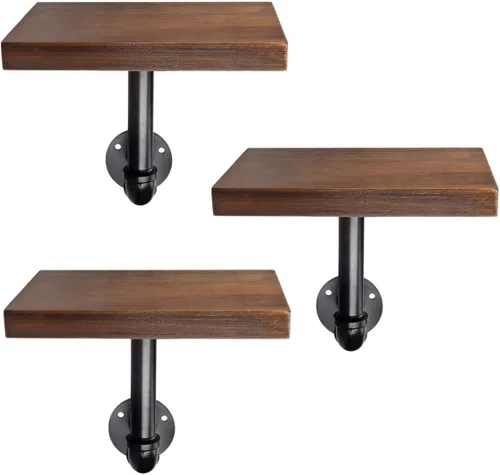 Vista 8 de Navaris Juego de estantes industriales para tuberías, 3 estantes pequeños de madera con soportes de tubo negros, estantería de madera montada