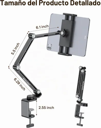 Vista 5 de OMOTON GH03 Soporte para tableta con 2 abrazaderas ABS, soporte de brazo