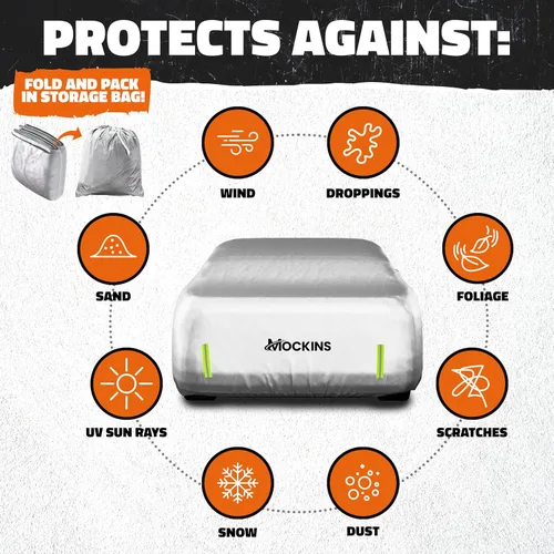 Vista 3 de Mockins - Funda para automóvil de poliéster plateado 190T, para todo tipo de clima, transpirable e impermeable, protegerá tu vehículo contra