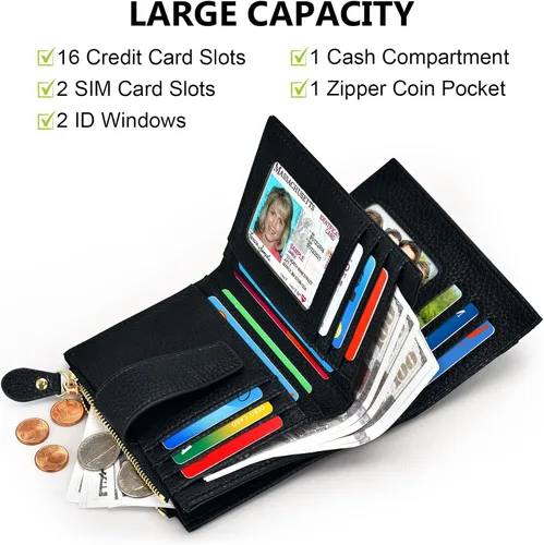 Vista 2 de oscaurt Billetera pequeña para mujer con bloqueo RFID, de dos pliegues, compacta, para tarjetas de crédito, de piel, con bolsillo con cremallera