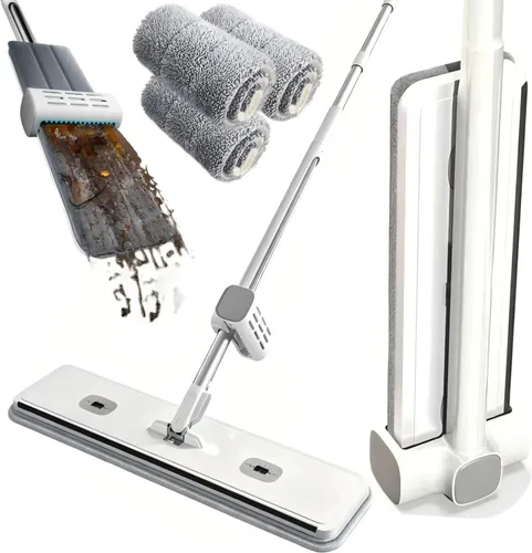 Vista 9 de Trapeador de microfibra plana en seco húmedo para pisos de madera dura 6 almohadillas lavables incluidas, giro de 360°, para azulejos de cocina