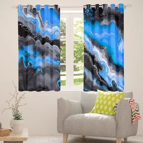 Vista 4 de Feelyou Cortinas abstractas para dormitorio, sala de estar, cortinas opacas de oscurecimiento negro y azul, con estampado de mármol, 2 paneles de 38