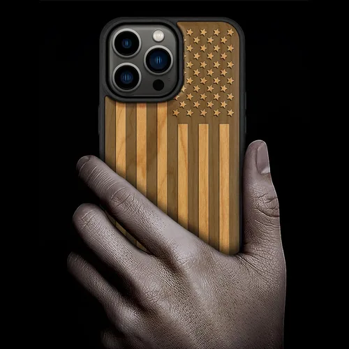 Vista 2 de Carveit - Funda de madera para iPhone 15 Pro Max, la clásica bandera americana, color cereza Magnetic iPhone 15 Pro Max Case Compatible with