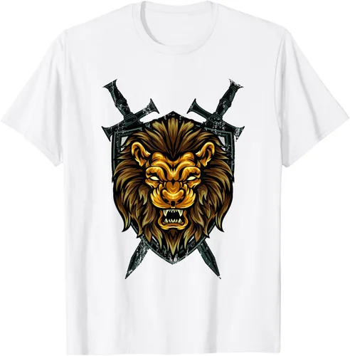Vista 93 de Camiseta con diseño de caballero medieval renacentista, con diseño de espada de león, Negro, S