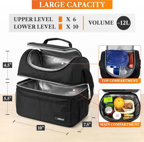 Vista 2 de OPUX Lonchera para hombres y mujeres, bolsa de almuerzo grande aislada para trabajo de adultos, lonchera de dos pisos para preparación de comidas
