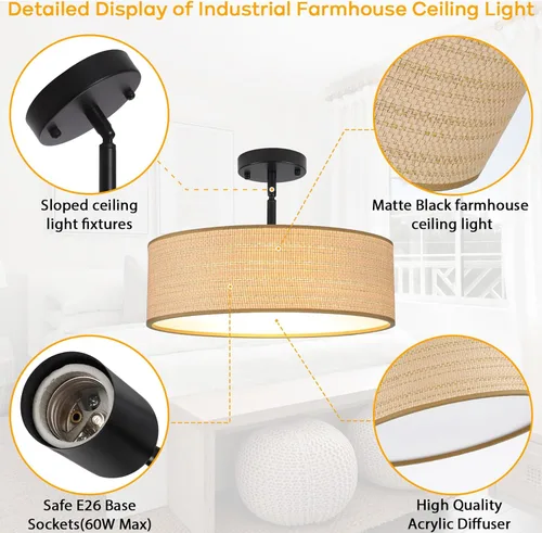 Vista 5 de Rattan Sloped Ceiling Light, 16.53" Woven Semi Flush Mount Boho Fabric Drum Shade, Pendant Lighting, for Dining Room, Foyer, Living Room, Hallway