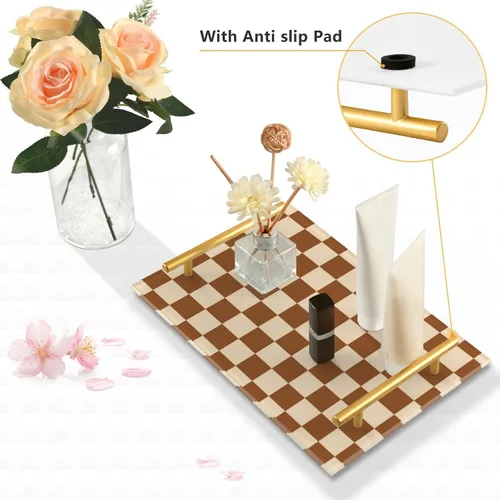 Vista 4 de Bandeja decorativa de barra a cuadros americanos naranja y blanco con asas bandeja para mesa de centro para joyería perfume para sofá sirviendo