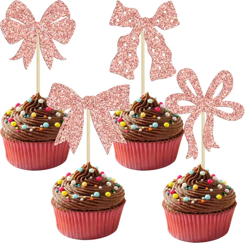 Vista 21 de Ephlyn 24 adornos para cupcakes con lazo para decoración de pastel de cumpleaños, decoración de fiesta de cumpleaños para niñas, decoración de Negro