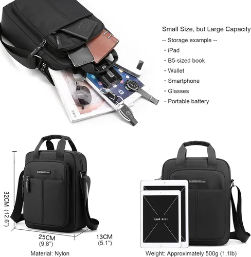 Vista 2 de Bolso bandolera de nailon para hombre, impermeable, casual, color negro, para trabajo, viajes, escuela, color negro, Negro