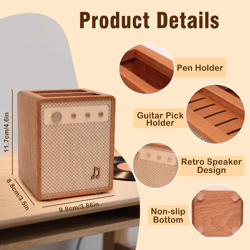 Vista 9 de CoolGift Mart Accesorios para Guitarra, Soporte para Púas de Guitarra de Madera Sapele con Estilo de Amplificador y Almacenamiento para Lápices
