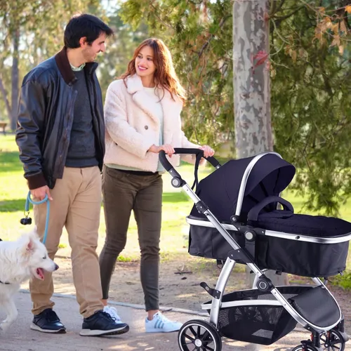 Vista 8 de Hagaday Cochecito de bebé, asiento reversible 2 en 1 para niños pequeños con modo moisés, cochecito infantil plegable con toldo, freno de un botón