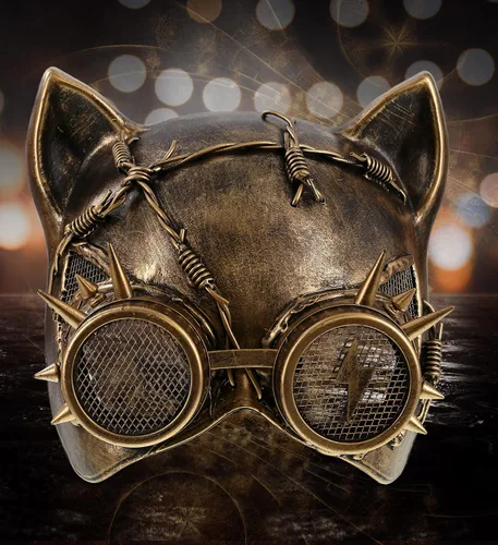 Vista 6 de Disfraz de máscara metálica de gato Steampunk con gafas