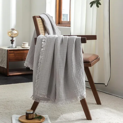 Vista 22 de FOSSA Manta de Muselina con Flecos - Gasa de Algodón 100% de 4 Capas Súper Suave y Transpirable - Manta Decorativa Ligera y Refrescante para Cama