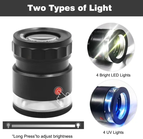 Vista 4 de Lupa de joyero recargable Koparneed de 10x con luces UV y LED, lupa de ojo iluminada con enfoque ajustable y vidrio de aumento para joyería