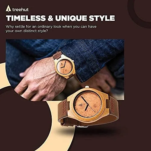 Vista 4 de treehut Reloj de pulsera de madera para hombre con correa de cuero genuino analógico de cuarzo para hombre