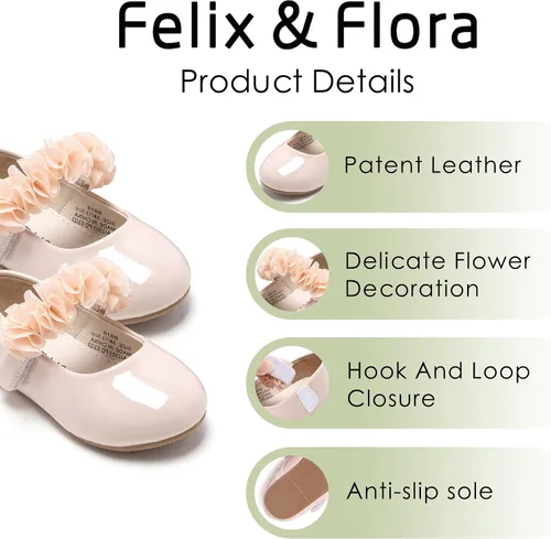 Vista 5 de Felix & Flora - Zapatos bajos de vestir con flores para niña pequeña, tipo balerina, para fiesta, escuela y boda