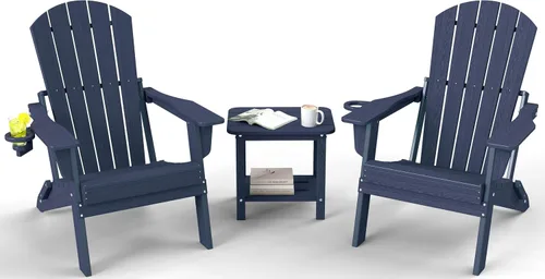Vista 20 de Juego de sillas plegables Adirondack de 3 piezas, respaldo extra alto de 38 pulgadas y grano de madera en relieve, muebles de patio de polietileno