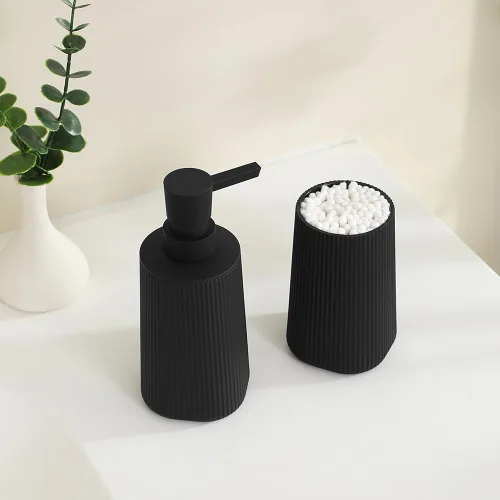 Vista 3 de YAUKPH Dispensador de jabón de baño y soporte para cepillos de dientes a rayas negro