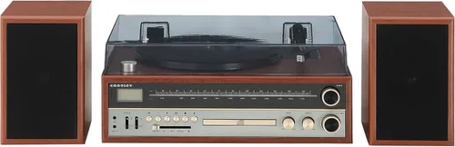 Vista 8 de Crosley Sistema de tocadiscos 1975T con Bluetooth, CD, AM/FM y altavoces incluidos, nogal