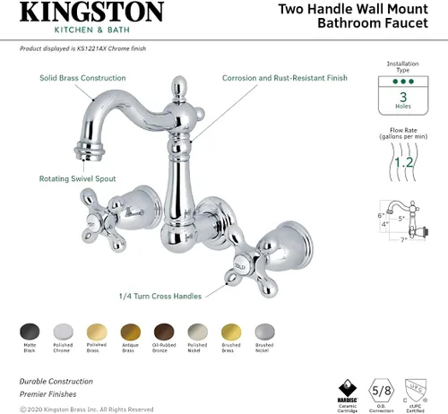 Vista 3 de Kingston Brass KS1223AX - Grifo de baño de montaje en pared central de 8 pulgadas, latón antiguo