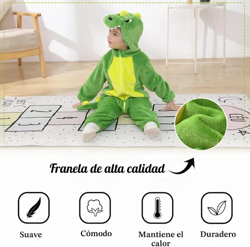 Vista 4 de TONWHAR - Disfraz para niños y bebés, disfraz de dinosaurio, tigre, animal, atuendo de fantasía, mameluco con capucha Dinosaurio verde