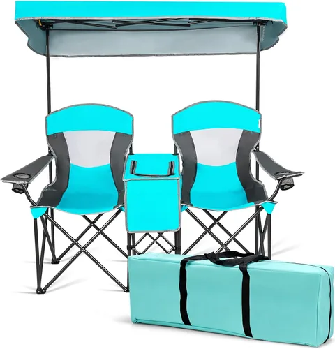 Vista 9 de DORTALA Silla de camping doble con toldo, silla de playa plegable para 2 personas con toldo para dosel, soporte para bebidas y bolsa de Azul
