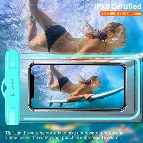 Vista 3 de Funda impermeable para teléfono celular, paquete de 2 bolsas universales impermeables para iPhone/Samsung Galaxy/Pixel, bolsa seca bajo el agua