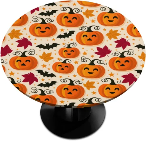 Vista 106 de Mantel redondo ajustado con diseño de calabaza de otoño, hojas de otoño, color amarillo, pequeño con borde elástico, manteles circulares lavables
