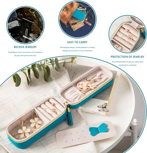 Vista 4 de SANQIANWAN Pequeña caja organizadora de viaje de joyería con piel sintética, estuche portátil de almacenamiento de joyas para collares, anillos