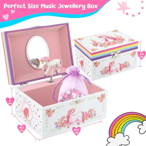 Vista 3 de Taduoduo Joyero musical para niñas, organizador con juego de joyas, diseño de flores y unicornio, caja de música, regalo ideal para niñas