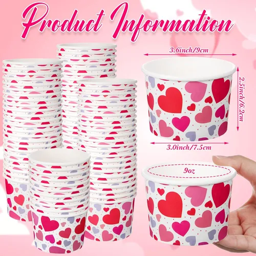 Vista 3 de Shellwei 100 cuencos de papel de helado para el día de San Valentín de 9 onzas a granel, tazas de aperitivos con corazón rojo, tazones de postre