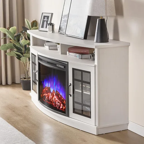 Vista 3 de AMERLIFE - Soporte de TV curvado con chimenea de 59 pulgadas con almacenamiento para televisores de hasta 65 pulgadas Blanco gastado