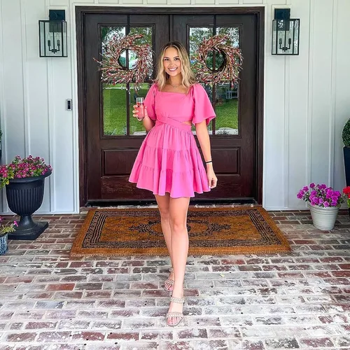 Vista 4 de Senllen Vestidos de verano para mujer 2025 de manga corta con cuello cuadrado, mini vestido cruzado con cintura elástica, vestido casual de fiesta