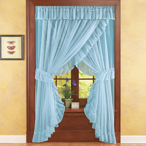 Vista 2 de Isabella Ruffled Sheer tela cortina de bolsillo ventana Barra Set Azul