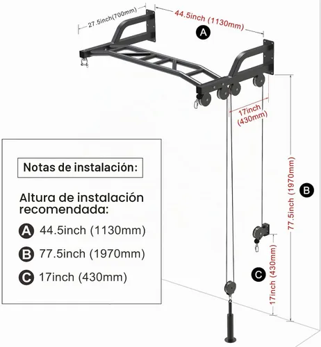 Vista 7 de SELEWARE Barra de dominadas de alta resistencia de 48 pulgadas, soporte de pared, barra multifunción con sistema de polea de cable de gimnasio