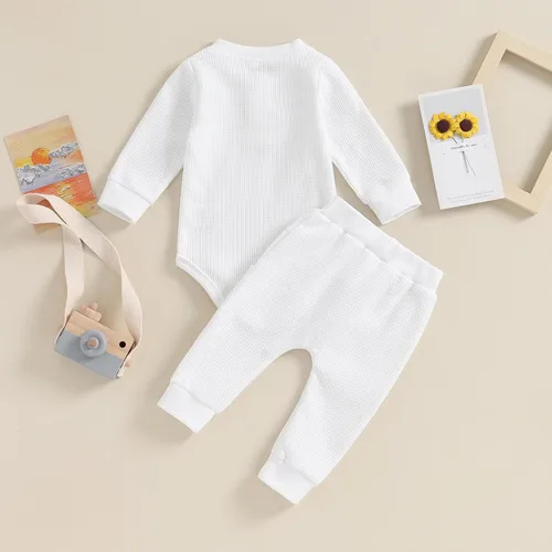 Vista 7 de Muasaaluxi Ropa para bebé recién nacido, manga larga, diseño de gofre, enterizo, pantalones deportivos, trajes de otoño de 3, 6, 9, 12 meses