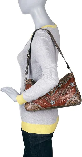 Vista 2 de American West Hand Tooled Handcrafted 100% Genuine Leather Zip-Top Shoulder Bag Desert Wildflower Collection Western Marrón