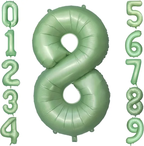 Vista 14 de Globos verdes del número 0 de 40 pulgadas, decoración de fiesta verde mate, globo grande de cumpleaños retro verde oliva para decoración de fiesta