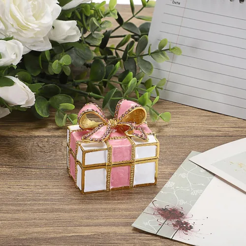 Vista 3 de Hipiwe Mini joyero de metal con nudo de lazo rosa con bisagras, caja decorativa de esmalte brillante, caja de tesoros, figura, aretes, soporte