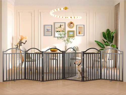 Vista 8 de BHG Puerta independiente de metal para perros sin ensamblaje con puerta a través, extra ancha de 80 pulgadas, puerta extra alta para mascotas de 30