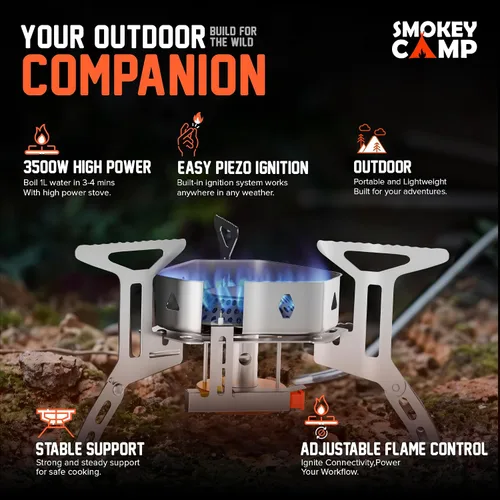 Vista 5 de Estufa de campamento de 3500 W, estufa de campamento resistente al viento con funda de transporte de encendido piezoeléctrico y 2 adaptadores