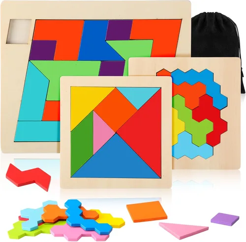 Vista 8 de Yunsailing Paquete de 3 rompecabezas grandes de madera hexagonal Tangram rompecabezas de madera rusa para adultos desafío teasers geométrico, lógica