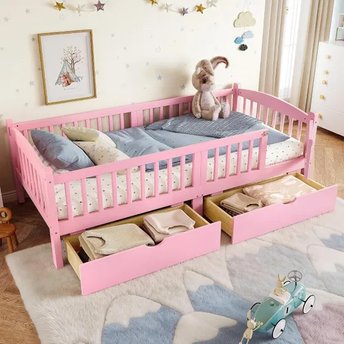 Vista 22 de Polibi Sofá cama de tamaño matrimonial, marcos de cama de día completo de madera con dos cajones y barandillas de seguridad para dormitorio, sala