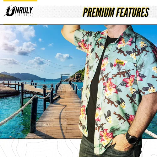 Vista 5 de Camisa hawaiana para hombre, color verde, M249, camisas con botones para hombre, divertidas camisas de armas de flores con pistolas