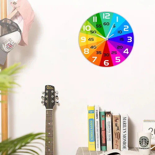 Vista 5 de Reloj de aprendizaje con rueda de color arcoíris, reloj de enseñanza de 12 pulgadas para niños, reloj de pared analógico para aula, movimiento