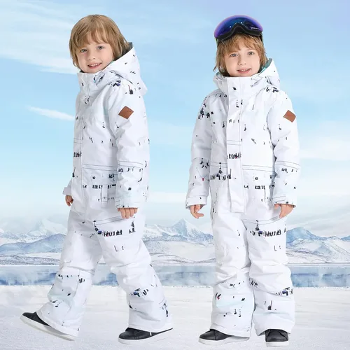 Vista 4 de Chaqueta de esquí para niños, trajes de esquí para niños y niñas, resistente al viento, cálido, ropa de esquí de una pieza, traje de nieve para niños