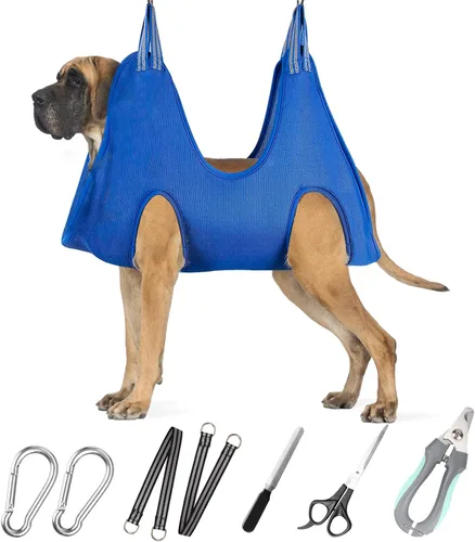 Vista 24 de Hamaca de aseo para mascotas para perros y gatos pequeños – Eslinga para recortar uñas con cortaúñas, lima de uñas y tijeras – Arnés de aseo